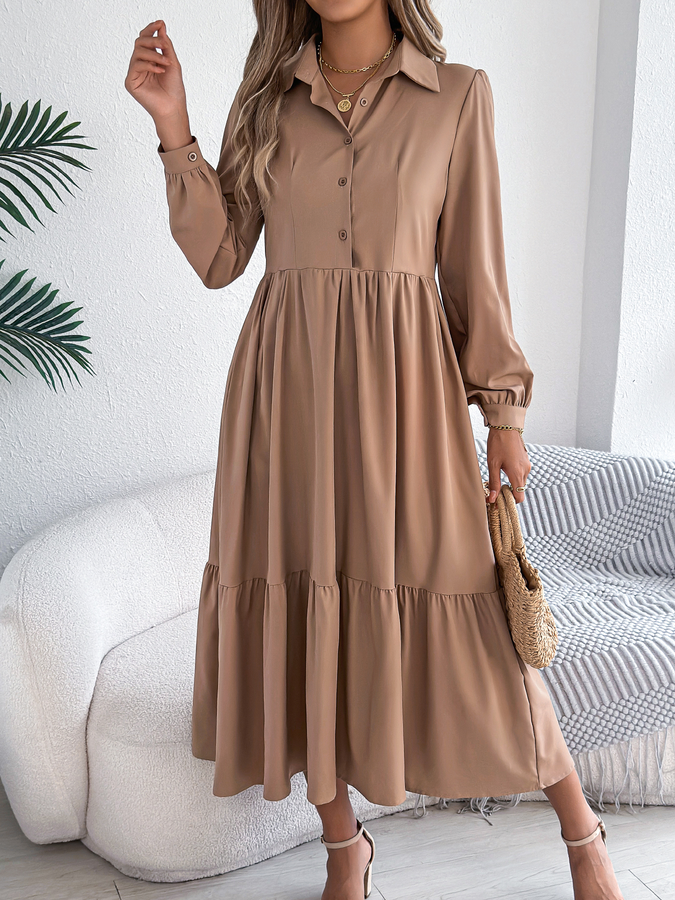 Spring and Autumn Casual Vacation Long Sleeved Turn-down Collar Single-Breasted Dress for Women