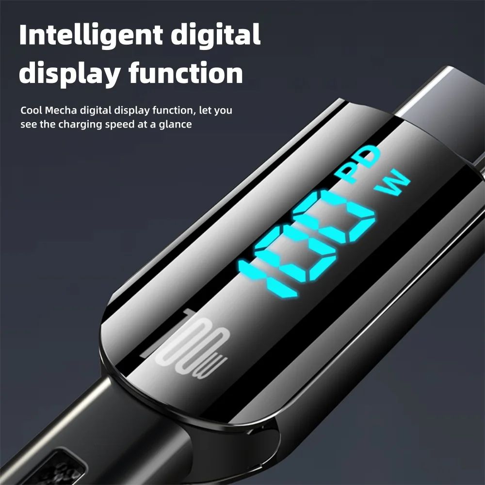 100W USB-C Cable with Digital Display – PD Fast Charging USB-C Cable for Phones & Laptops