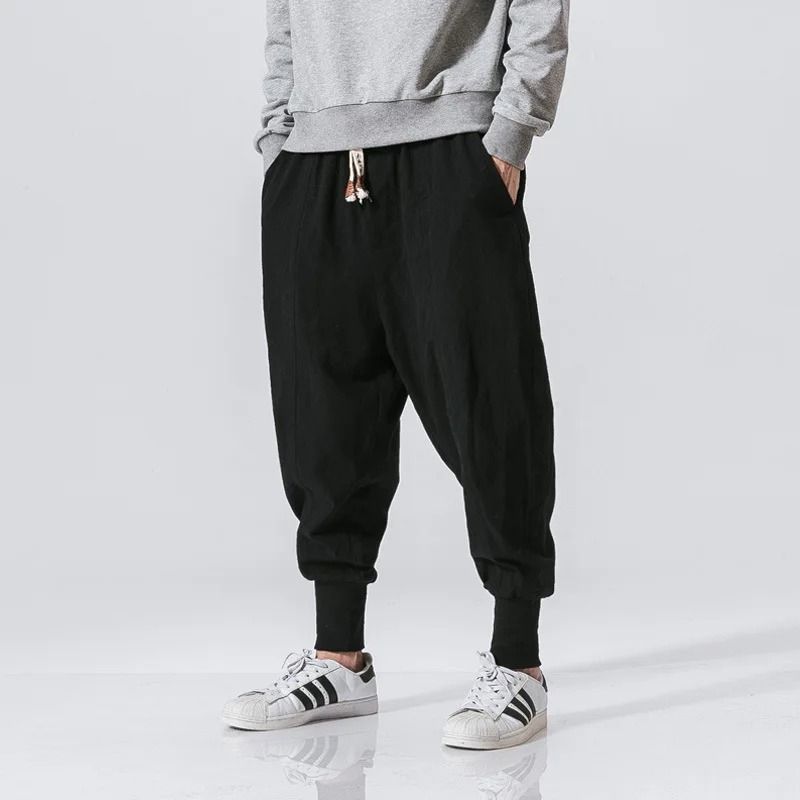 Mens Cotton Linen Harem Pants Casual Baggy Drop Crotch Joggers with Elastic Waist