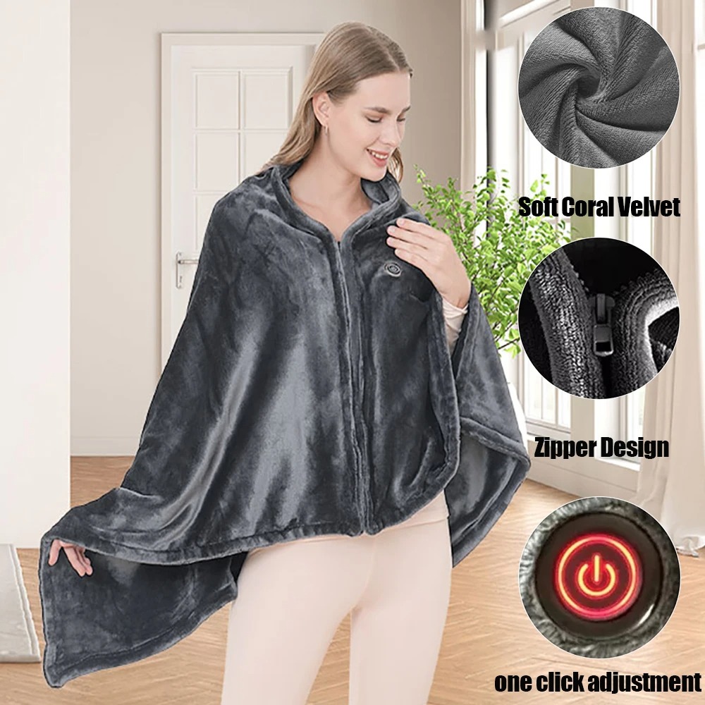 Wearable Heating Electric Blanket Shawl with USB, 3 Heat Levels, Coral Velvet, 8 Heating Areas – Fast & Safe Warming