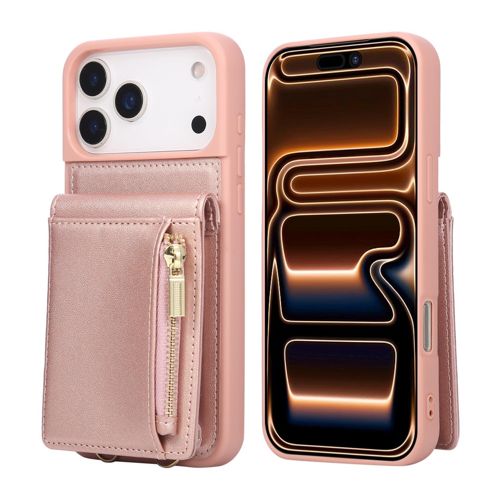 Leather Crossbody iPhone Wallet Case with Zipper Pocket & Lanyard Strap