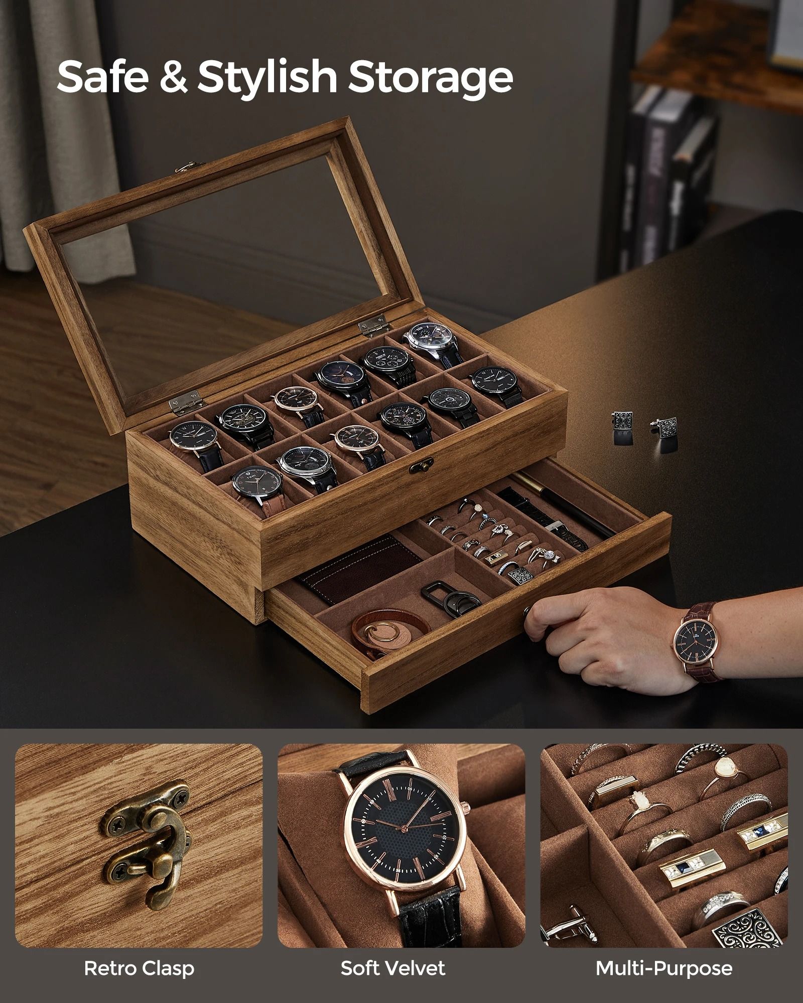 Two Tier Watch Box with Glass Lid Velvet Lining and Removable Pillows