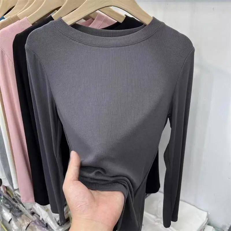 Womens Slim Fit O-Neck Long Sleeve Basic T-Shirt – Stretchy Ribbed Knit Casual Top