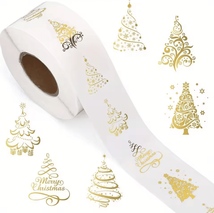 500pcs Christmas stickers Golden Foil Christmas Tree Sealing Stickers Clear Vinyl Decals for Gifts, Windows and Crafts