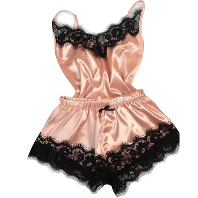 Summer Lace Silk Pajama Set Womens Cami Top and Shorts Sleepwear