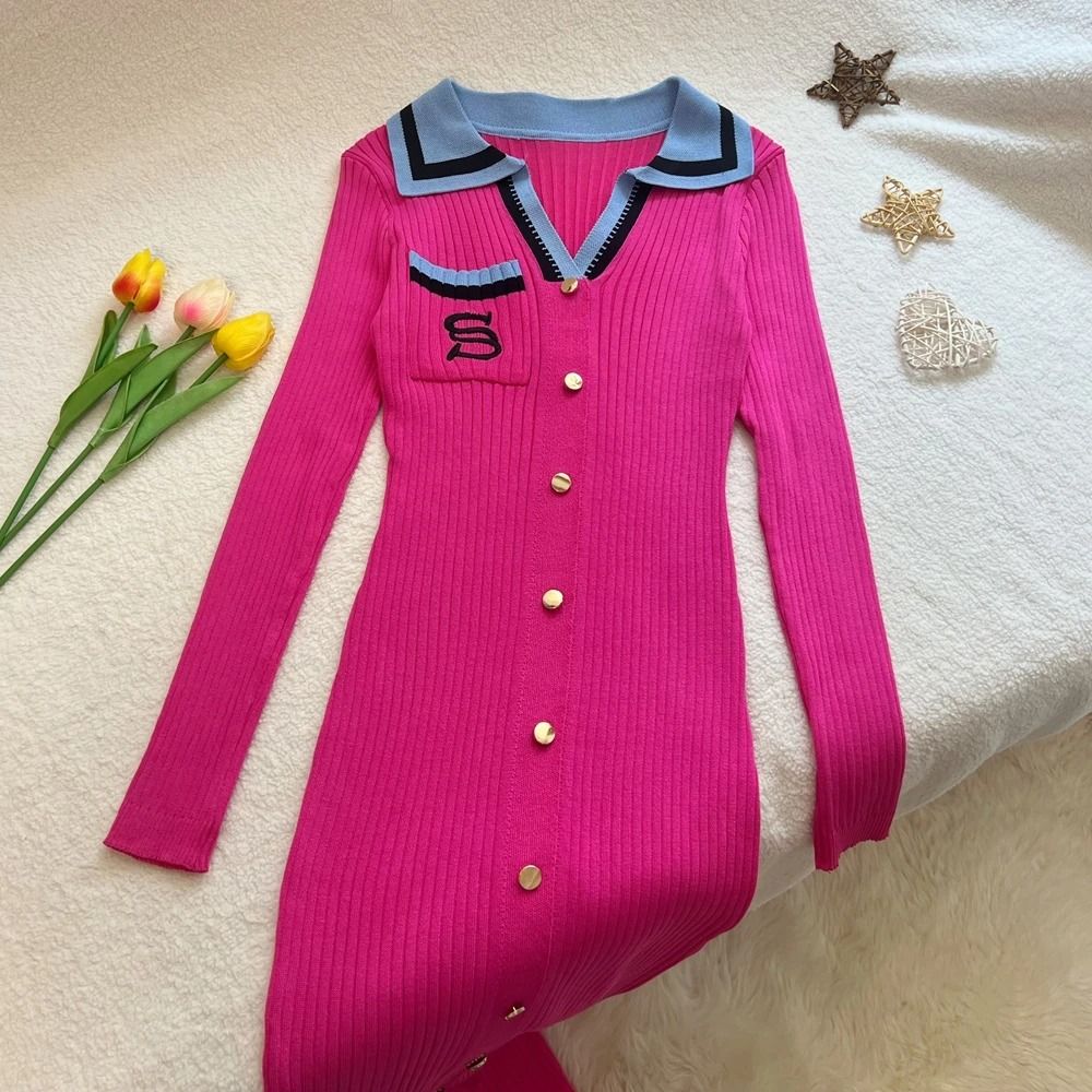 YuooMuoo Women Autumn Winter Y2K Embroidery Slim Elastic Long Sweater Dress Elegant Office Vestido