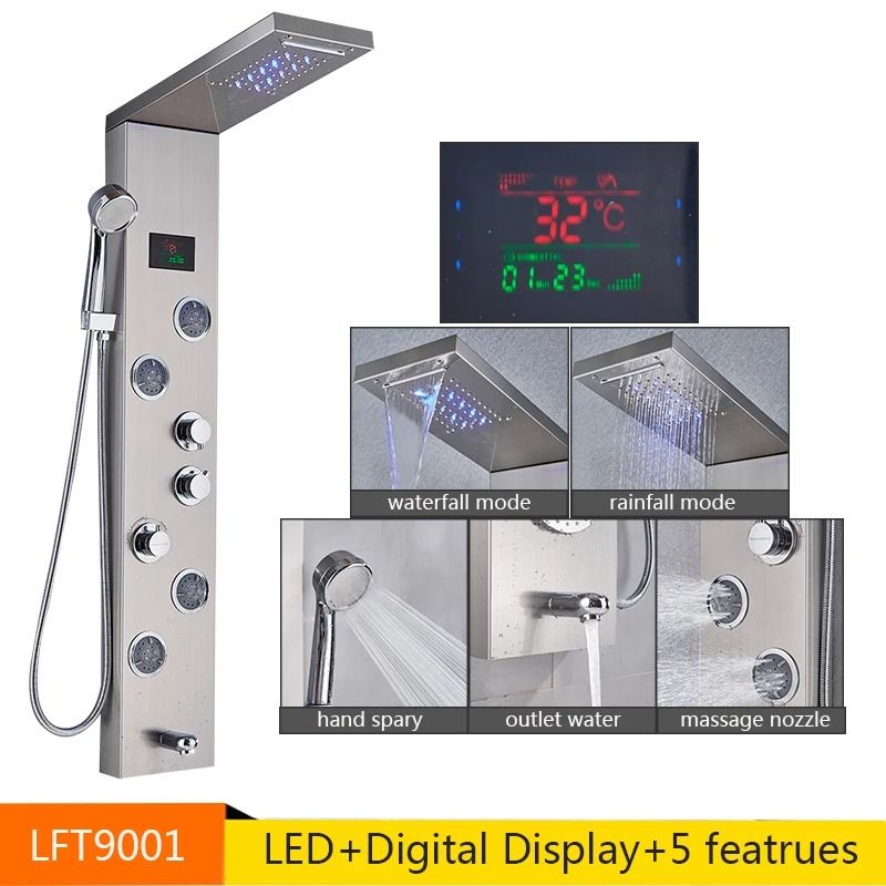 LED Rainfall Shower Panel with Digital Display and Massage Jets