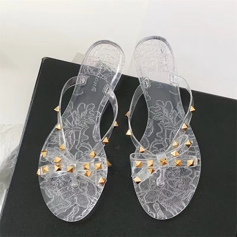 Summer Women Slippers, Transparent Crystal Beach Shoes, Bow Flip Flops Rivet Flats, Open Toe Outdoor Sandals for Women