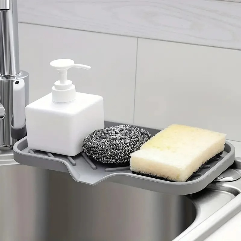Sink Silicone Tray With Drain, Soap Sponge Storage Holder, Countertop Sink Scrubber Brush Soap Storage Rack, Kitchen