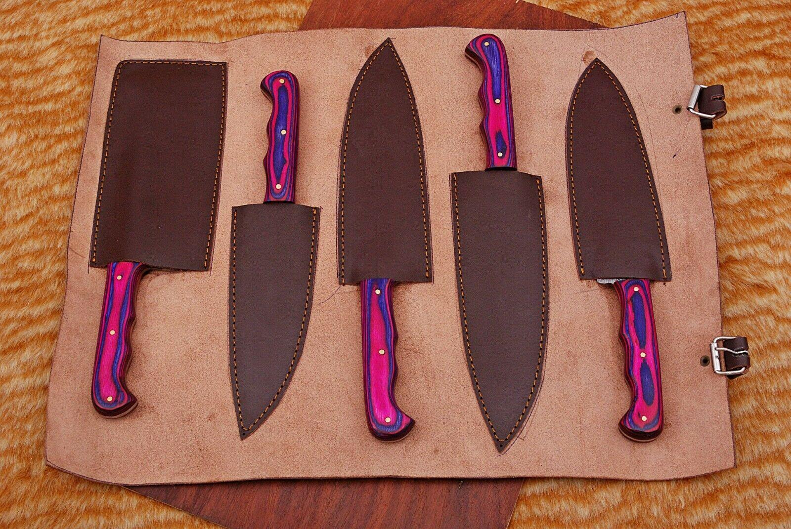 Damascus Steel Kitchen Knives Set – Handmade 5 Piece Chef Set with Pakka Handle