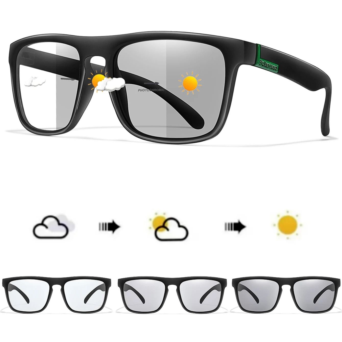 Classic Square Photochromic Sunglasses for Men and Women Outdoor Goggles for Travel and Daily Style