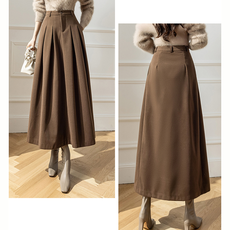 Vintage Winter Woolen Long Skirts for Women, High Waist Pleated Maxi A-Line Skirt, Big Swing Folds Streetwear