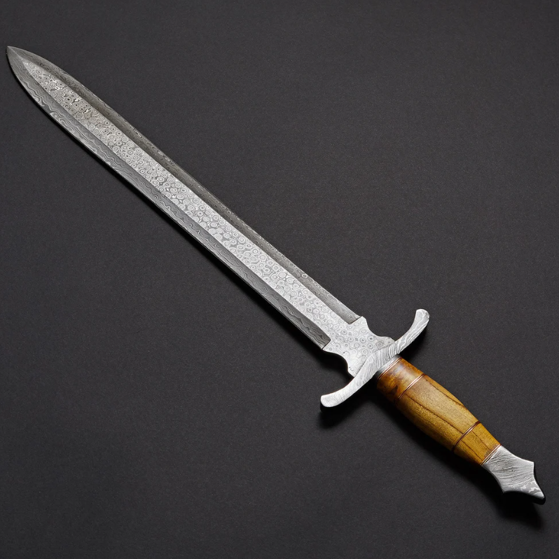 Handmade Damascus Steel Hunting Sword With Leather Sheath