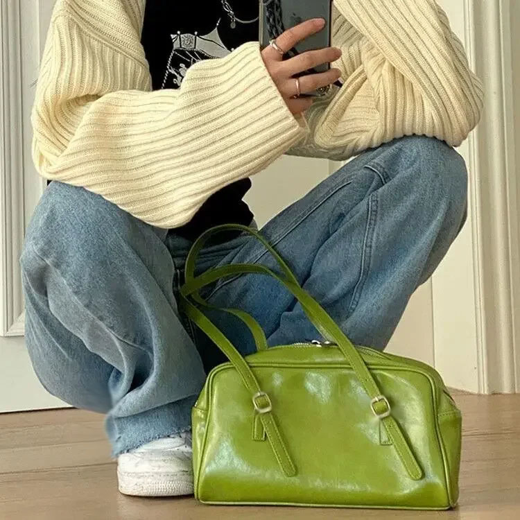 Fashion Women Green PU Leather Shoulder Bag Large Capacity Casual Tote for Daily Use