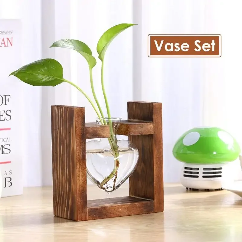 Heart Shape Wooden Frame Glass Vase, Vintage Bonsai Hydroponic Plant Vase for Wedding