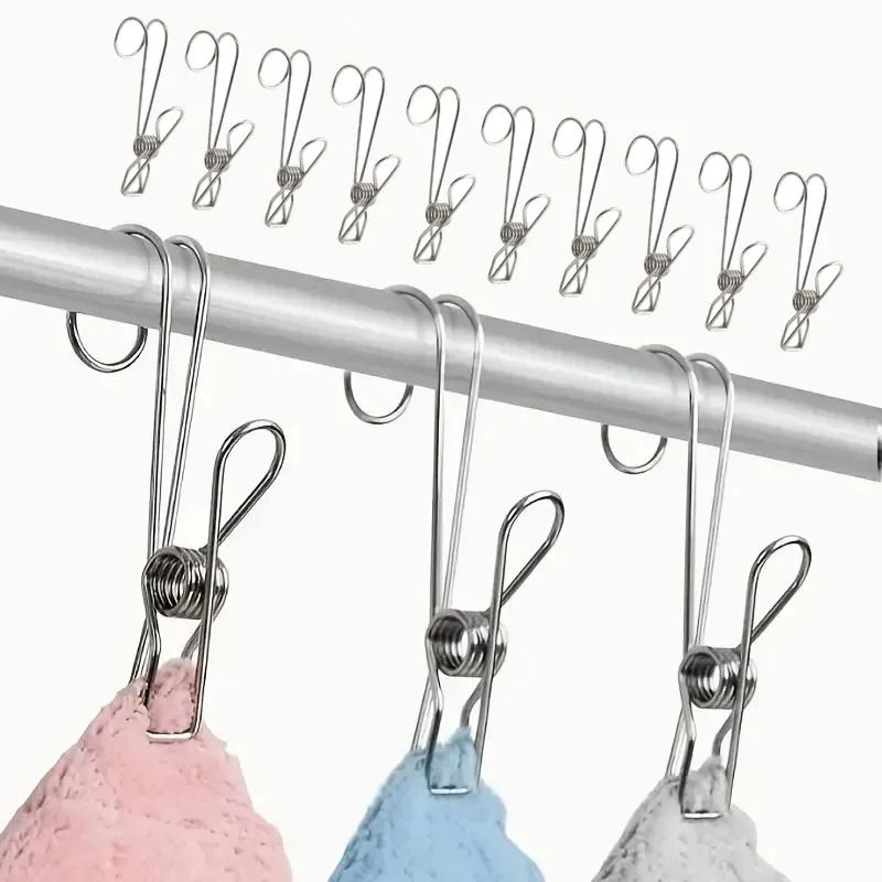 Stainless Steel Hanging Clips with Hooks Heavy Duty Metal Clothespins Set of 10