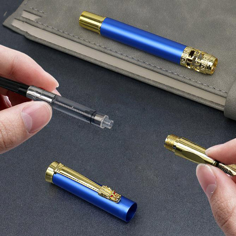 Blue Hollow Sculpted Fountain Pen Luxury Metal Calligraphy Writing Pen