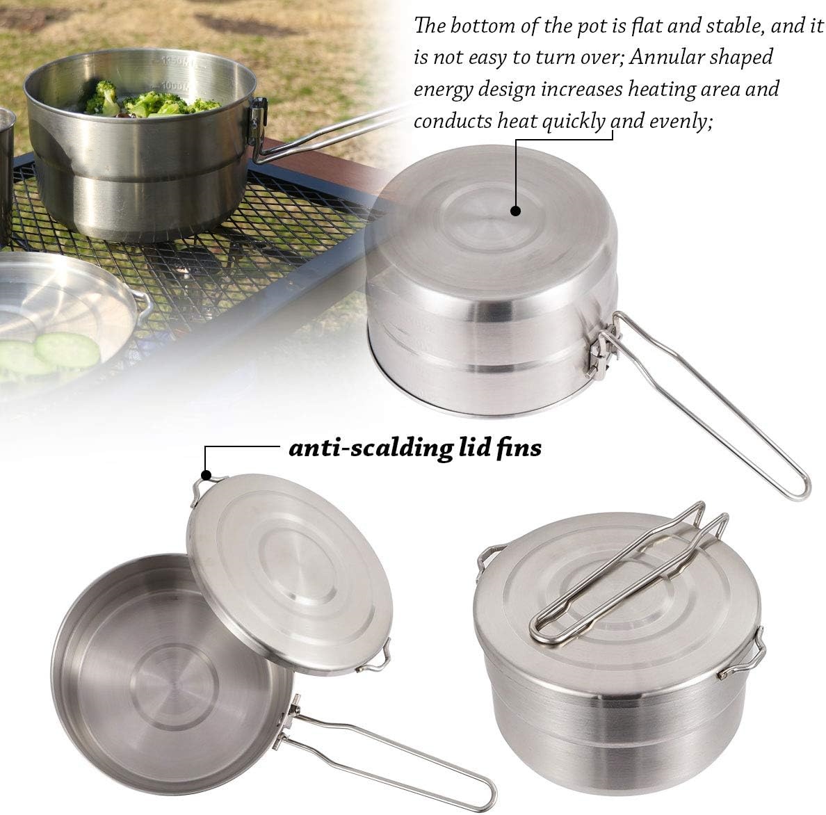 Portable Stainless Steel Camping Cooking Pot with Lid Folding Handle for Hiking and Outdoor Cooking