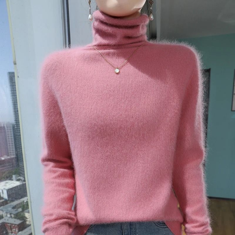 Womens Pure Mink Cashmere Sweater Slim Fit Pullover with Pile Collar Knitted Winter Top