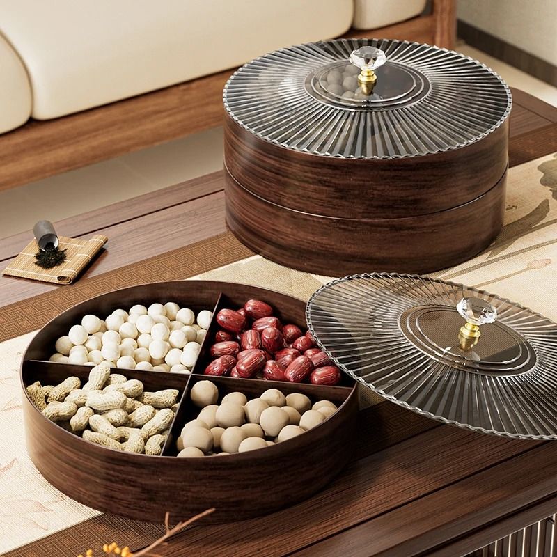 Wood Grain Plastic Dried Fruit Storage Box with Lid – Multi-Compartment Snack Tray for Home