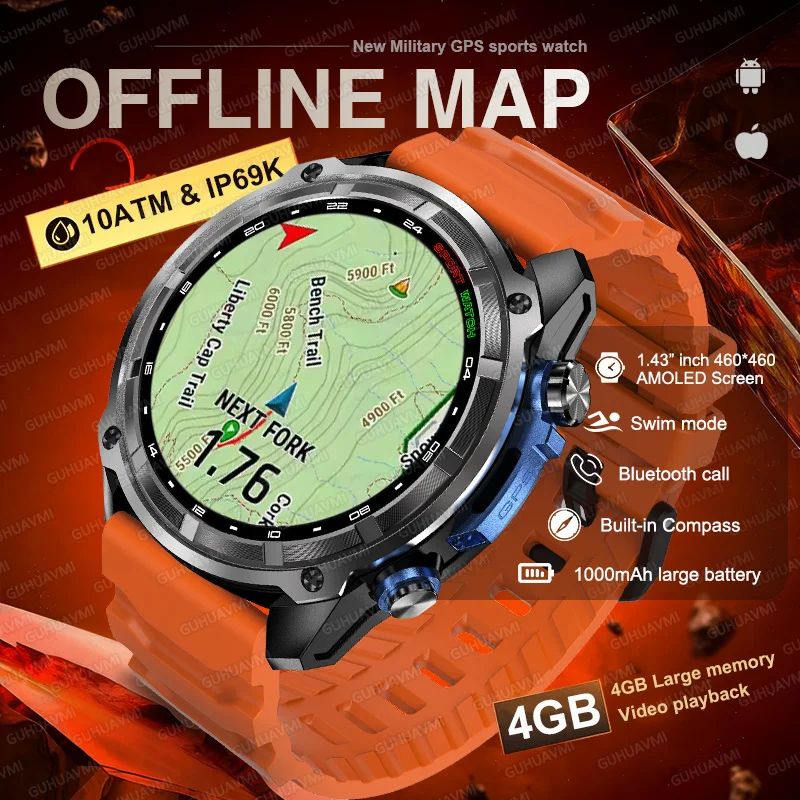 Military GPS Smart Watch with Offline Maps