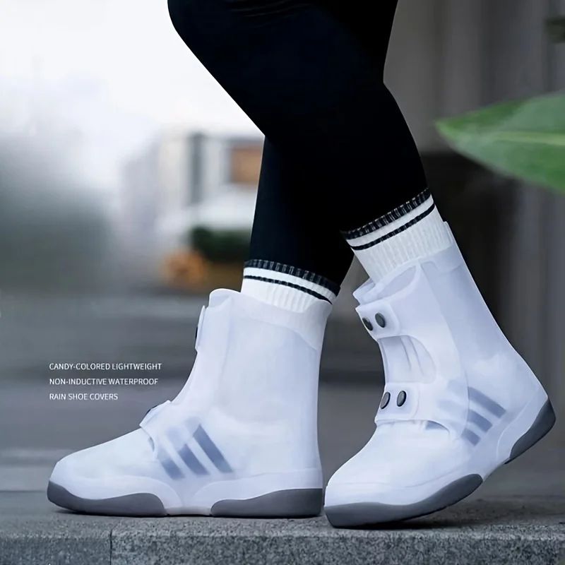 Waterproof Reusable Shoe Covers w/ Button - Anti-Skid Washable Overshoes, Two-Tone Durable Rain & Mud Protectors