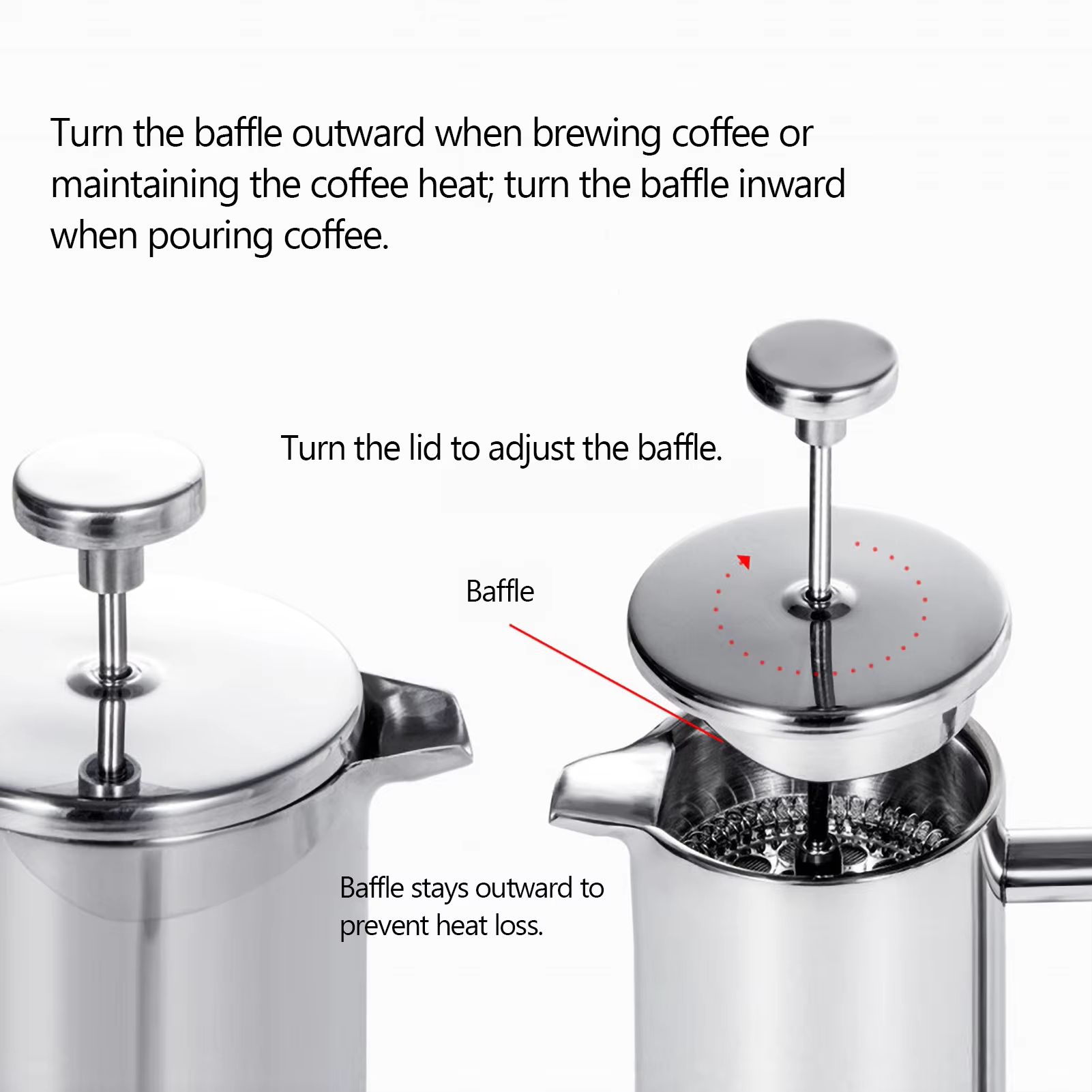 Stainless Steel French Press Coffee Maker – Double Wall Insulated Coffee Pot (11.83fl oz / 27.05fl oz / 33.81fl oz)