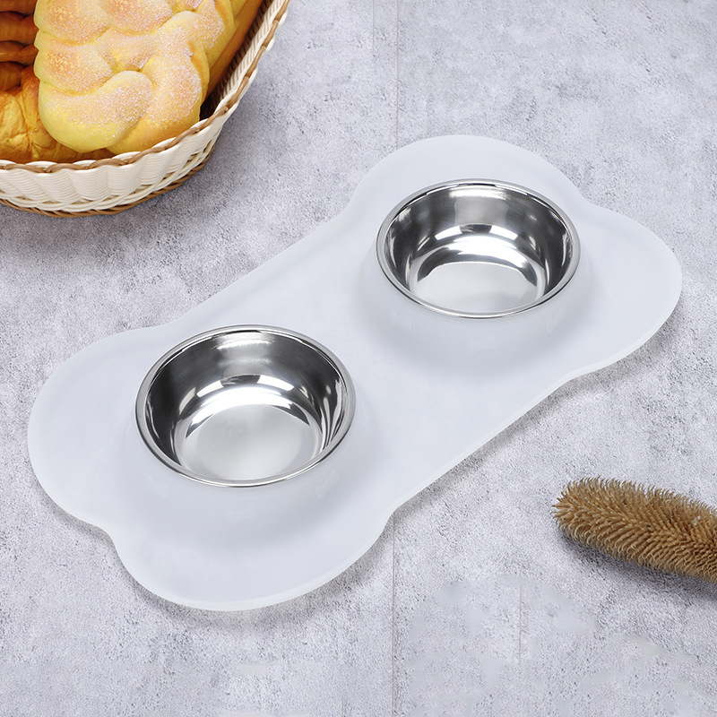 Double Dog Bowl Stainless Steel Pet Feeding Station with Non Slip Silicone Mat