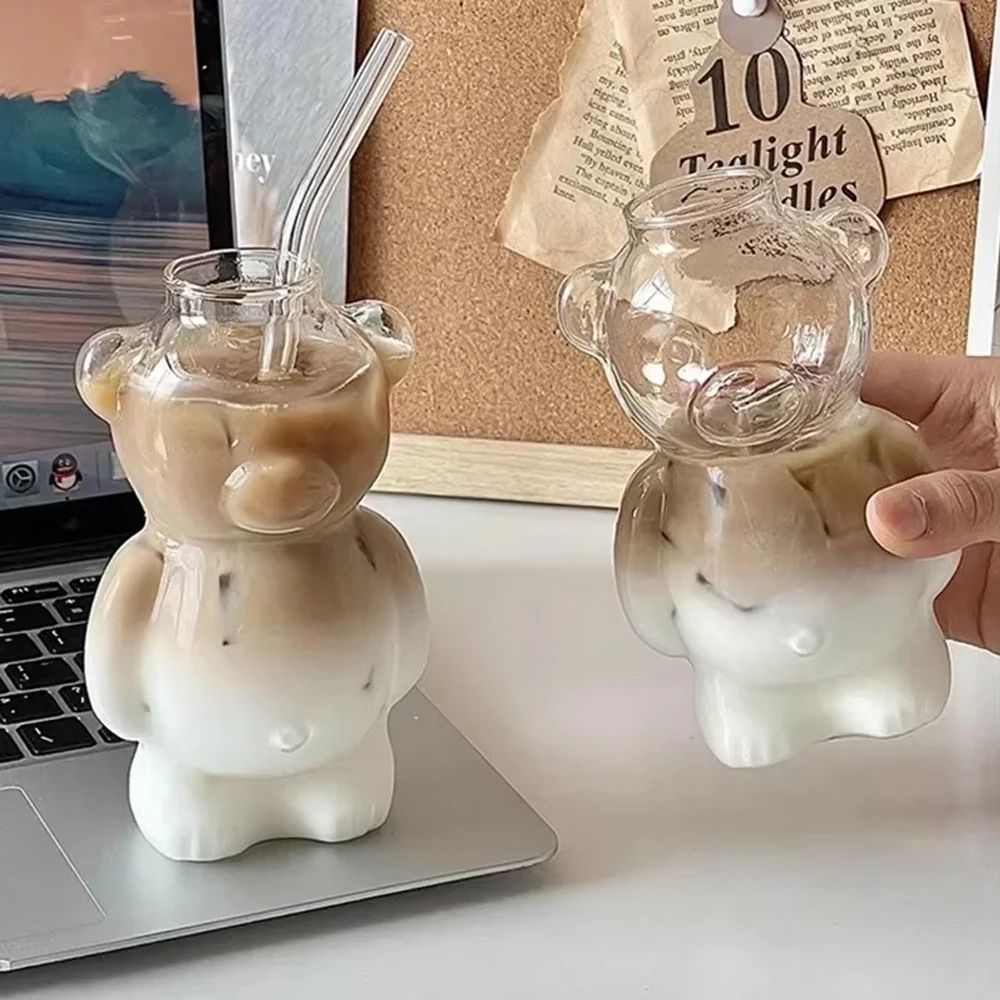 Cute Bear Glass Mug with Straw – 320ML Transparent Cartoon Coffee Cup