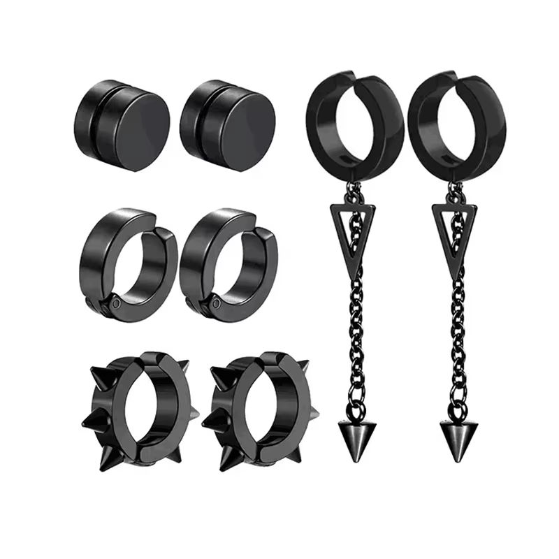 Mens Punk Cross Magnetic Earrings Set Stainless Steel Non Piercing 5 Pairs