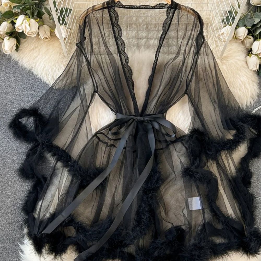 Singreiny Sheer Lace Up Shapewear Robe Long Sleeve Midi Lingerie