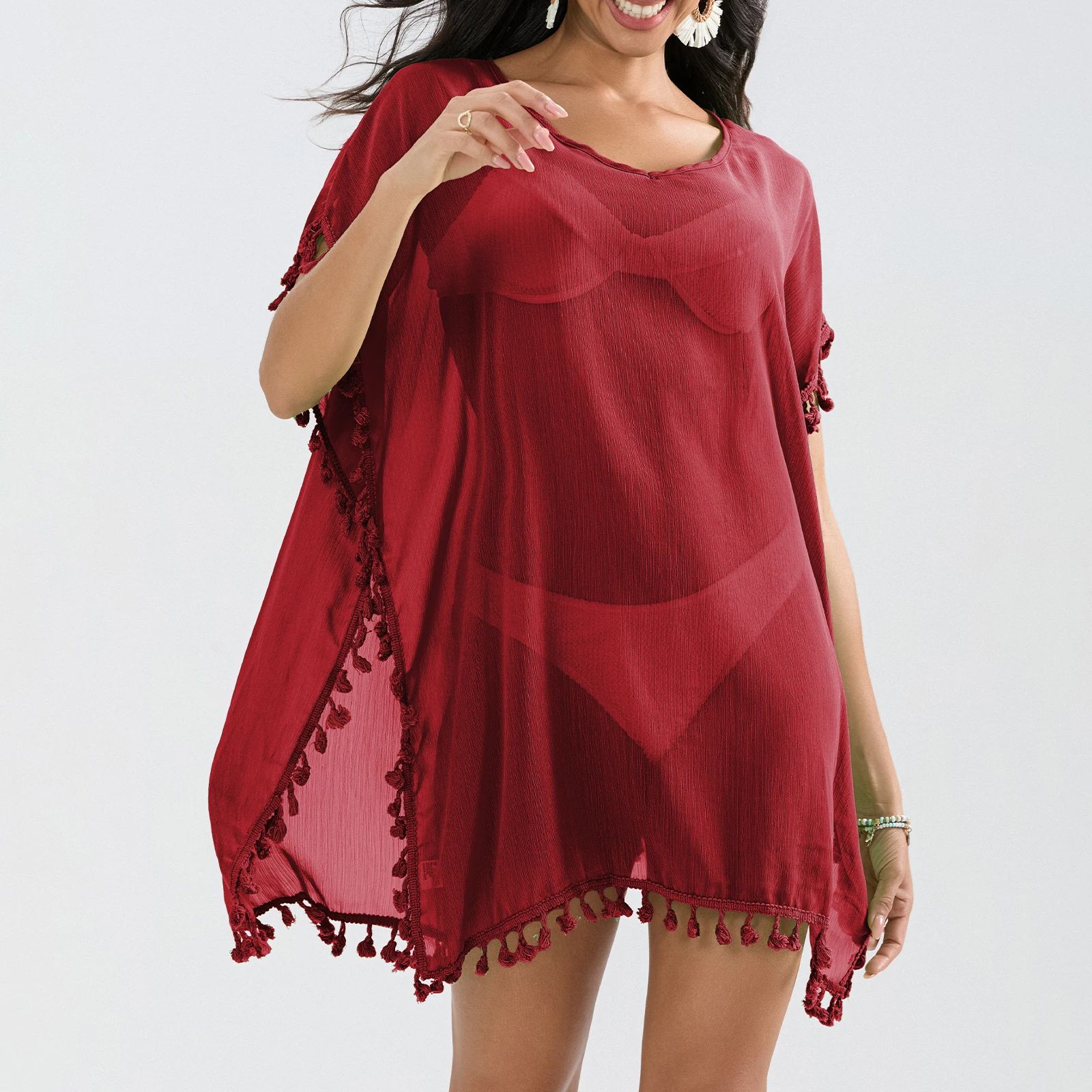 Coastal Breeze Tassel Trim Beach Cover Up Dress – Sheer Mini Swimsuit Cover Up for Women