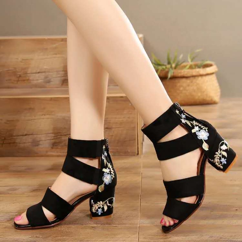 Women's Ethnic Style Embroidered Mid-heel Sandals, Summer Casual Thick Heels, Vintage Open-toed Embroidered Shoes