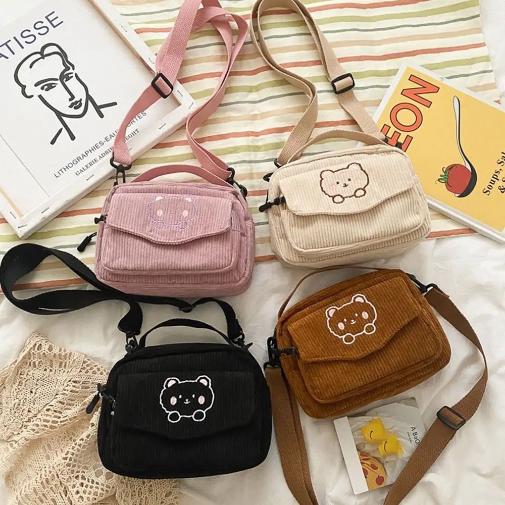 Personalized Cute Bear Embroidered Corduroy Bag