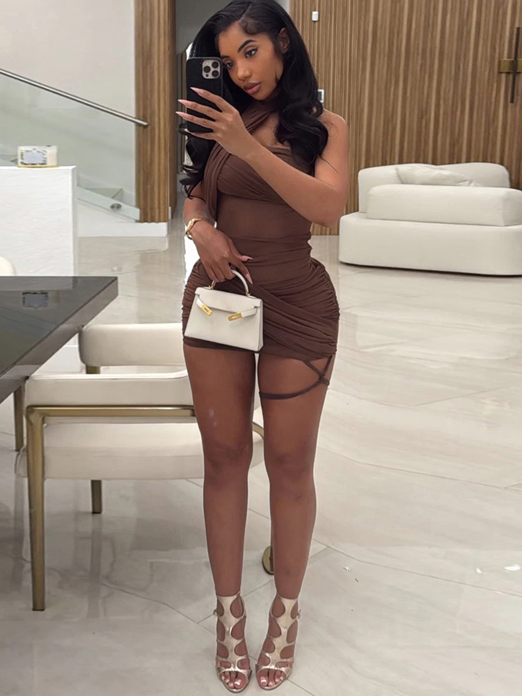 Mesh Cross Irregular Women Mini Dress, Sexy Slash Neck Sleeveless Hollow Slim Party Clubwear Vestidos Mujer