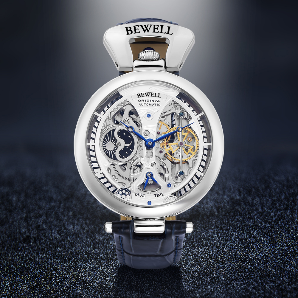 Automatic Mechanical Watch High-End Waterproof with Leather Strap, Stainless Steel Transparent Back Cover