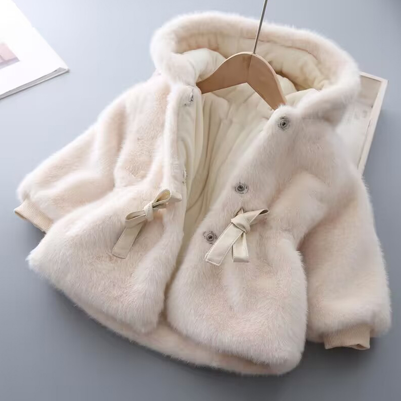 Super Warm Winter Girls Coat Mink Fur Padded, Thickened Hooded Coats Long Sleeve, Baby Kids Children Jacket Plush