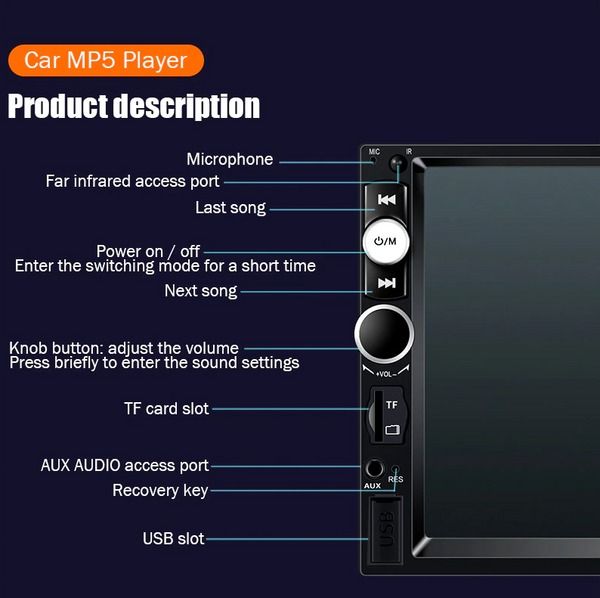 Bluetooth MP5 Car Player, Double 2 DIN Touch Screen Stereo, HD Radio with Camera, Hands-Free, Steering Wheel Control