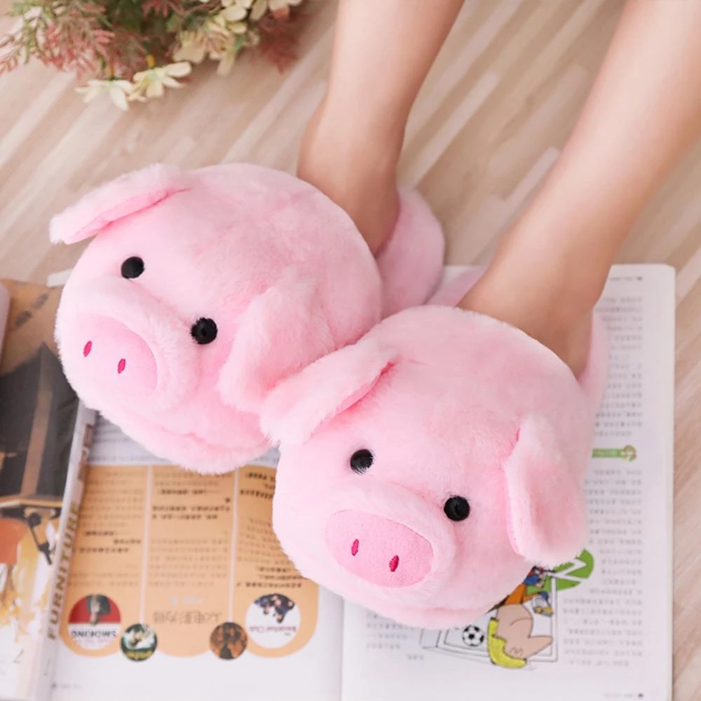 Cute Pink Pig Womens Warm Indoor Slippers, Furry Plush Home Floor Shoes for Ladies, Winter Soft Short Comfort Slipper