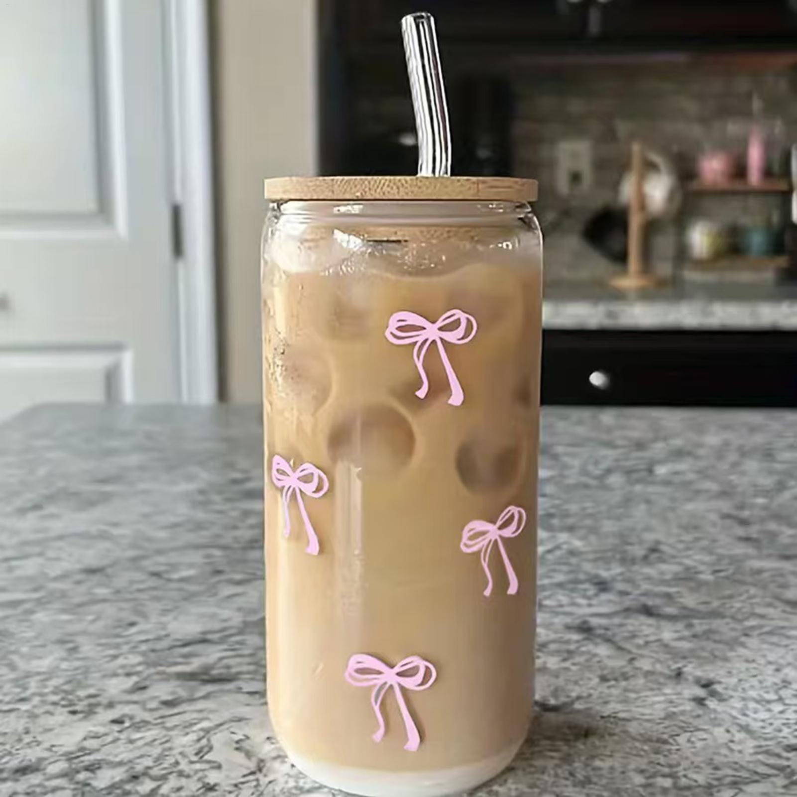Cute Aesthetic Bow Shape Glass Cup with Lid, Straw Drinkware Iced Coffee Tumbler Matcha Tea Bottle Girls Gift