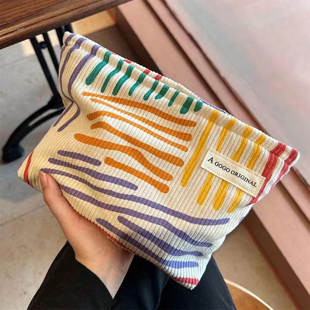 Striped Corduroy Cosmetic Travel Bag