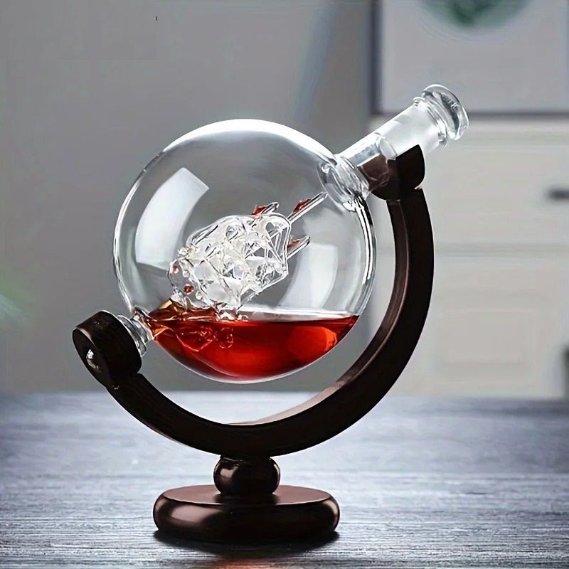 Globe Whiskey Decanter with Wooden Stand 900ml with Optional Glasses