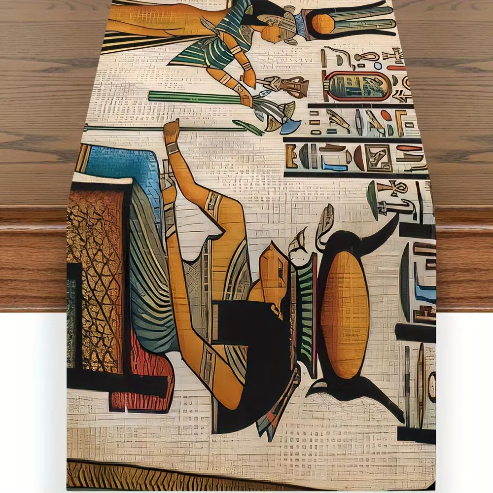 Ancient Egyptian Hieroglyph Linen Table Runner for Vintage Ethnic Home Decor