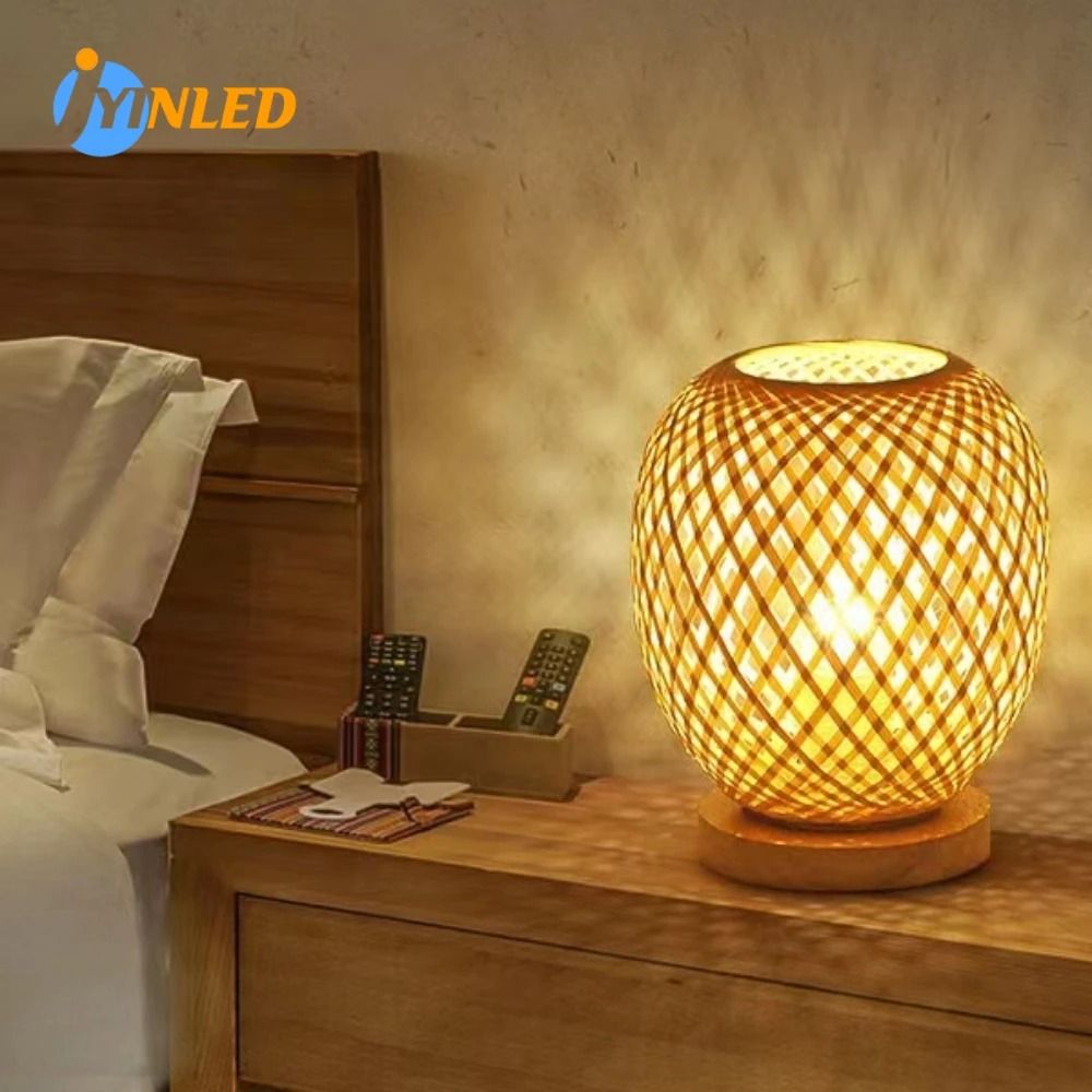 Adjustable Rattan Table Lamp with Bamboo Woven Shade Natural Bedside Light