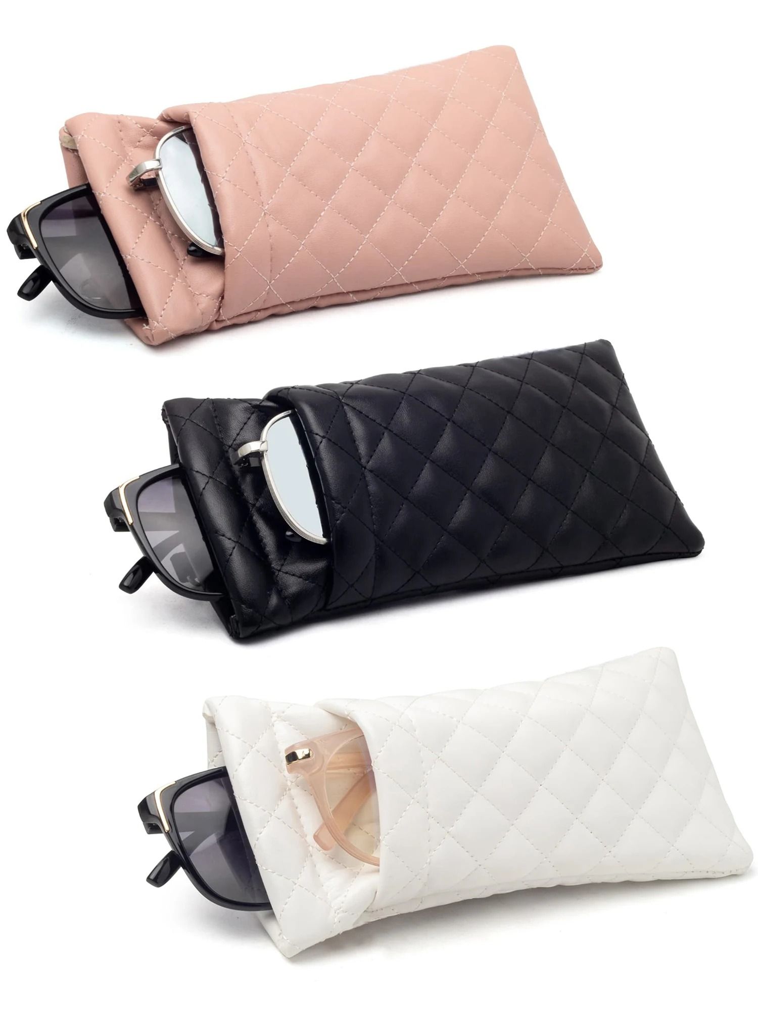 Double Layer Portable Squeeze Glasses Case Soft PU Leather Storage Bag