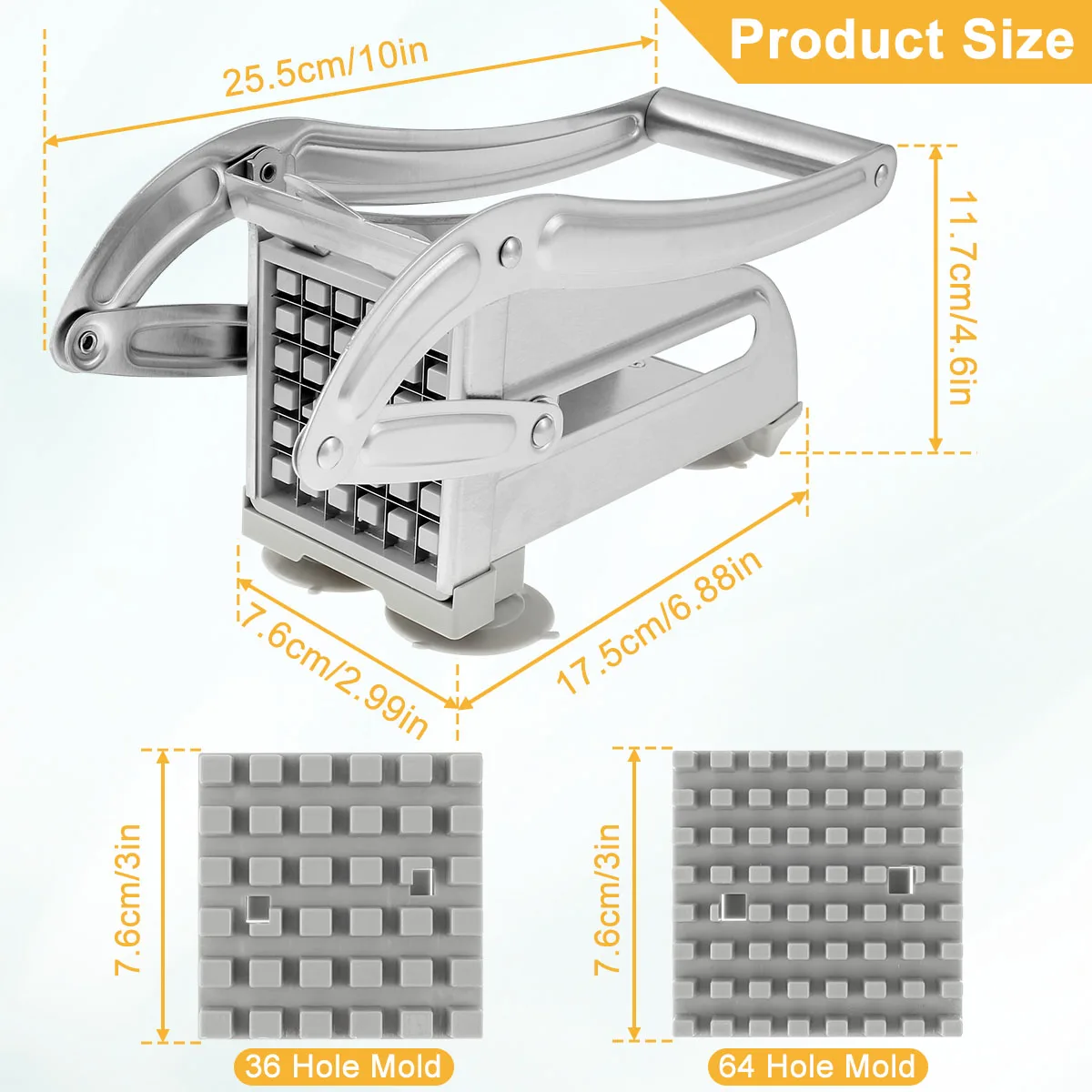 French Fry Cutter Stainless Steel Potato Chipper Fast Cutting Potato Chip Cutter with 36/46 Holes Blades Food Slicer