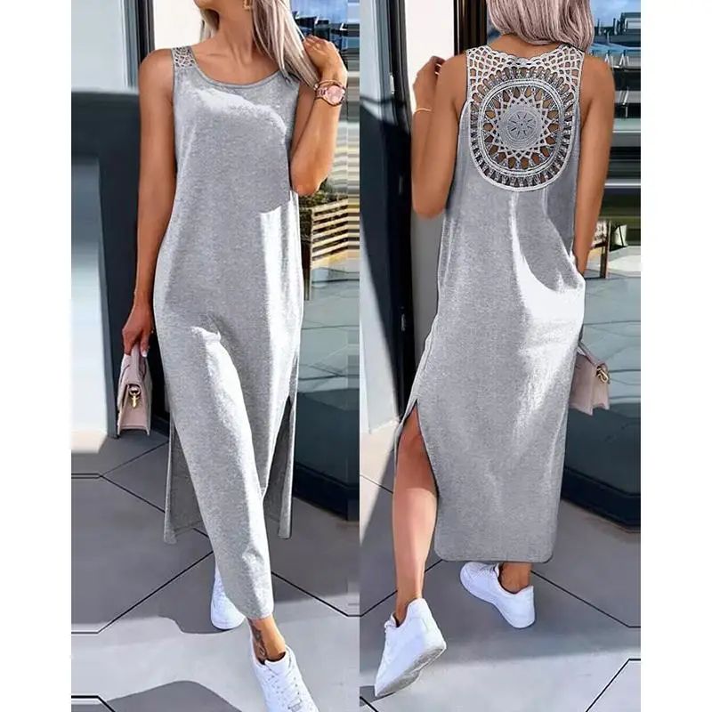 Elegant Summer Sleeveless Womens Summer Dress – Casual Solid Slit Midi Dress