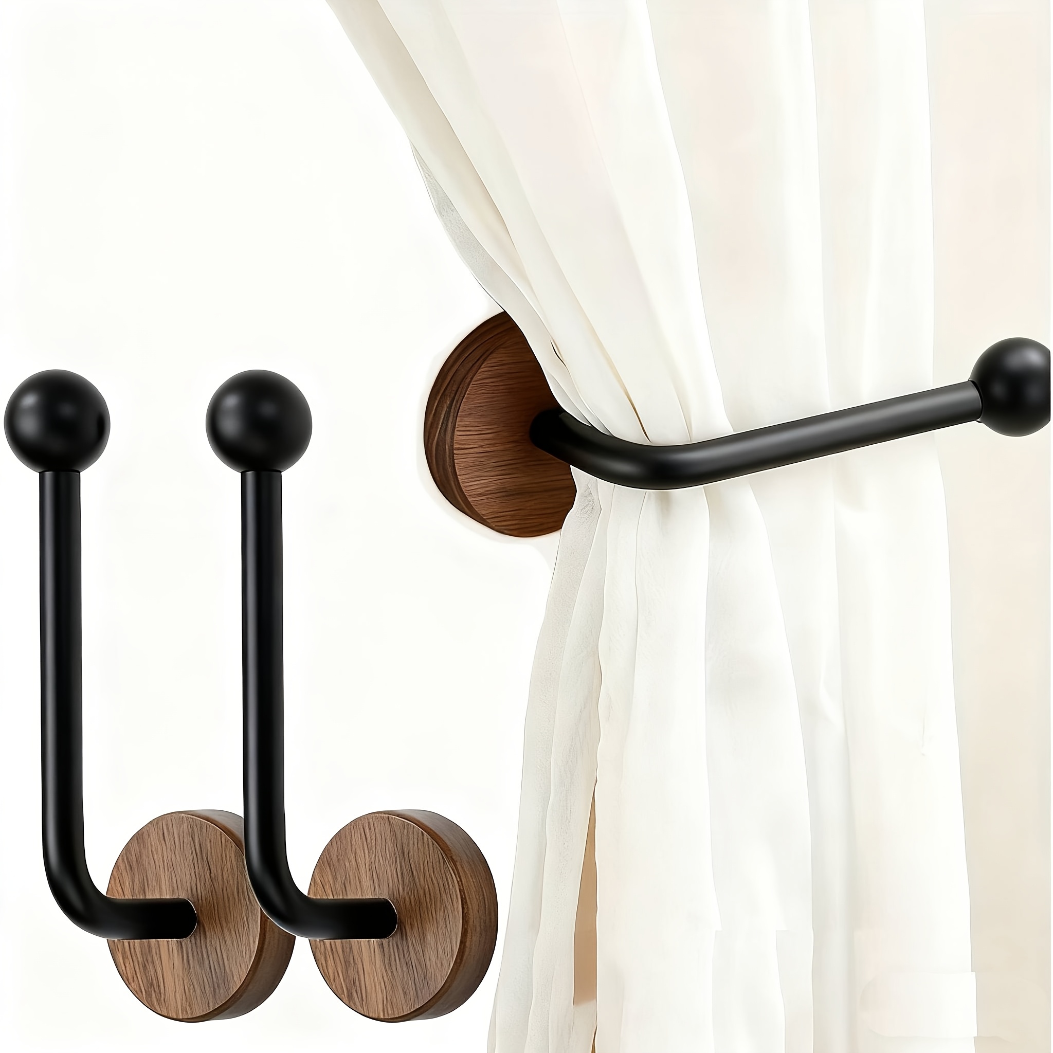 Pack Modern Adhesive Curtain Holdbacks with Walnut Wood Base – No Drill, Heavy Duty Wall Mount