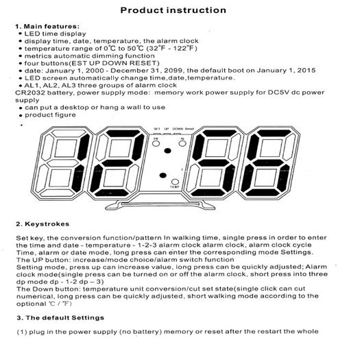 LED Big Wall Clock, USB Powered Digital Alarm, Snooze Function, Auto Brightness