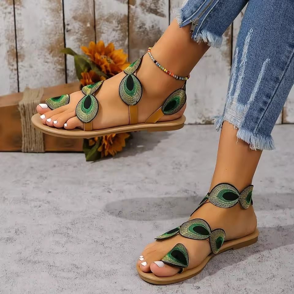 Embroidered Faux Flower Flat Sandals Women Summer Beach Travel Shoes